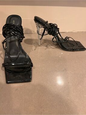 Azalea Wang Black Lace-Up Stiletto Sandals with Clear Heel